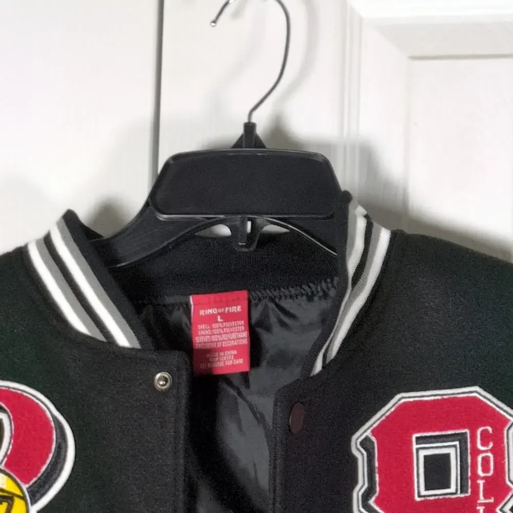 Ring of Fire Boys Varsity Jacket L Black Faux Leather Basketball Bomber NWT